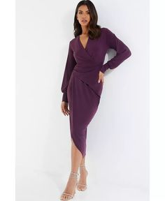 QUIZ - Ruched Draped Midi Dress For Fall, Fall Ruched Draped Midi Dress, Chic Long Sleeve Midi Dress With Ruched Sides, Elegant Dress With Ruched Sides For Brunch, Elegant Brunch Dress With Ruched Sides, Purple Ruched Midi Dress For Date Night, Chic Purple Ruched Midi Dress, Ruched Midi Dress, Pick Up