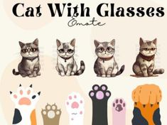 a group of cats sitting next to each other in front of a white background with the words cat with glasses on it