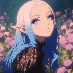 an anime character with blue hair and long white hair in front of flowers, looking at the camera