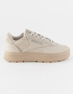 REEBOK Club C Double Geo Womens Shoes - BEIGE | Tillys Club C Double Geo Women's Shoes, Tan Reebok Shoes, Beige Shoes Women, Reebok Women Shoes, Reebok Club C Double Geo, Mule Outfits, Cream Reebok, Reebok Shoes Women, Reebok Club C Double