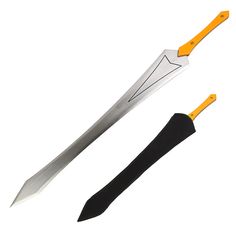 two knives with yellow handles and black blades on each side, one is larger than the other