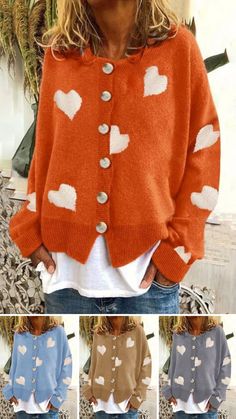 Fall trendy red kinitted cardigan outfits for women, knitted patchwork cardigans idea, get fresh new color red cardigan/ navy blue cardigan/ maroon cardigan/ crem cardigan/ green cardigan/ leopard cardigan outfits. Christmas gifts, casual cute soft street chic sweater cardigan. Heart Cardigan