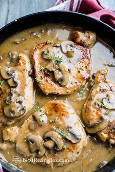 chicken with mushrooms and gravy in a skillet