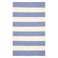 a blue and white rug with horizontal stripes on it, in front of a white background