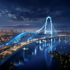 an artist's rendering of a bridge over water at night