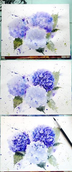 three watercolor paintings of blue flowers on white paper with paintbrushes next to them