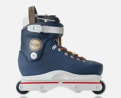 a blue roller skate with white wheels and brown laces on the bottom, in front of a white background