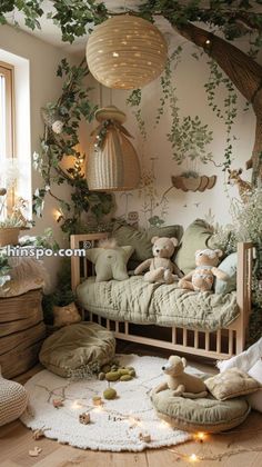 a child's room with stuffed animals on the floor and trees in the background