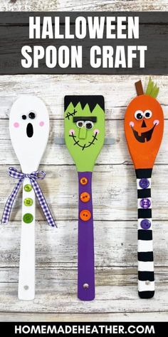 three halloween spoons with faces on them and the title overlay reads, how to make