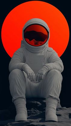 an astronaut sitting on the moon in front of a red sun