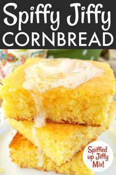 two pieces of cornbread stacked on top of each other with the words, spiffy jiffy cornbread