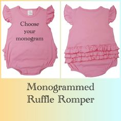 Super cute monogrammed ruffle bum romper for girls! Please leave initials first, last, middle name in that order in the notes to seller at checkout. Thank you Cotton Onesie With Ruffles And Short Sleeves, Cotton Ruffle Onesie With Short Sleeves, Cotton Short Sleeve Onesie With Ruffles, Bubble Outfit, Kids Beach Toys, Monogrammed Baby Quilt, Heirloom Baby Blankets, Bubble Clothes, Monogram Baby Girl