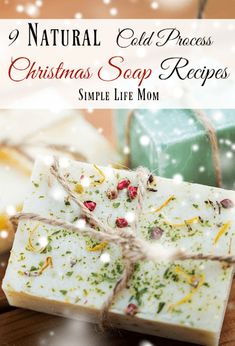 soap bar wrapped in twine with text overlay saying natural cold process christmas soap recipes simple life mom