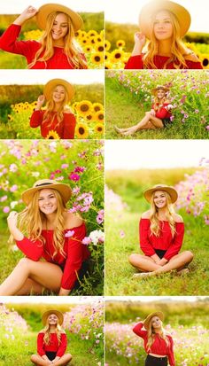 a woman in a red shirt and hat sitting on the grass with sunflowers