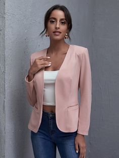 Padded Shoulder Open-Front Blazer | EMERY ROSE Open Front Blazer, Classy Dress Outfits, Style Noir, Womens Blazers, Trendy Fashion Women, Sleeves Pattern, Colored Blazer, Blazers For Women, Dusty Pink