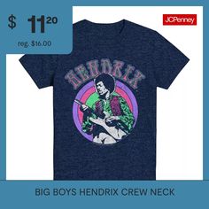 This big boy's Hendrix graphic t-shirt is perfect for his casual wardrobe. It's made from a soft cotton-jersey in a regular-fit with a crew neck with short sleeves. Try it layered under a blazer with jeans.Closure Type: Pullover HeadFit: Regular FitNeckline: Crew NeckSleeve Length: Short SleeveFiber Content: 50% Cotton, 50% PolyesterFabric Description: JerseyCare: Machine Wash, Tumble DryCountry of Origin: Imported Tops Graphic, Hendrix, Big Boys, Casual Wardrobe, Kids Boys, Shirts Tops, Graphic T Shirt, Graphic Tshirt, Short Sleeves