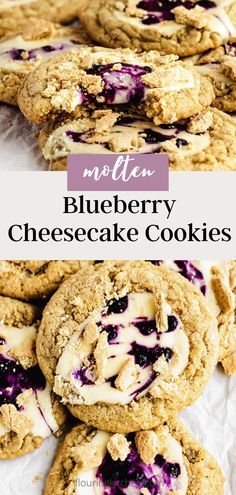 blueberry cheesecake cookies stacked on top of each other with the title in the middle