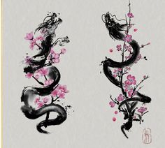 Japanese Lily Tattoo, Delicate Dragon Tattoo, Pretty Dragon Tattoo, Floral Tattoos For Women, Blossoms Tattoo, Cute Dragon Tattoo, Floral Dragon, Dragon Tattoo Drawing, Floral Back Tattoos