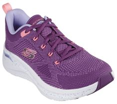 All-day comfort and support combine in Skechers Arch Fit 2.0 - Fast Paced. This lace-up vegan design features an engineered knit upper with a removable Arch Fit insole and a cushioned midsole. | Skechers Women's Arch Fit 2.0 - Fast Paced Sneaker | Medium Width | Patented Skechers Arch Fit insole system with podiatrist-certified arch support | Podiatrist-designed shape developed with 20 years of data and 120, 000 unweighted foot scans | Removable insole helps mold to your foot to reduce shock and Purple Sporty Sneakers, Sporty Purple Sneakers, Vegan Design, Hiking Training, Lace Up Wedges, Wide Shoes, Waterproof Shoes, Skechers Women, Fast Paced