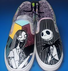 Step into the magical world of Disney with these Nightmare Before Christmas slip-on sneakers! 🌟 Perfect for casual outings or adding a touch of fun to your activewear, these shoes feature Sally and Jack, making them a must-have for any fan. #NightmareBeforeChristmas #Disney #SneakerStyle #CartoonCharacters #FashionFun 🎃👻 #backtoschool Casual Custom Halloween Sneakers With Round Toe, Low-top Sneakers For Winter Skateboarding, Casual Halloween Skateboarding Sneakers, Sally And Jack, Shoes Painting, Painting Shoes, Painted Shoes Diy, Multicolor Shoes, World Of Disney