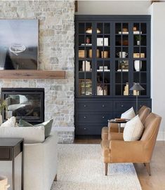 30 Cozy Brick Fireplace Mantle Ideas You Will Love Grey Stone Fireplace, Bria Hammel Interiors, Bria Hammel, Country Style Living Room, Fireplace Built Ins, Fireplace Remodel, Home Fireplace, Built In Cabinets, Living Room With Fireplace