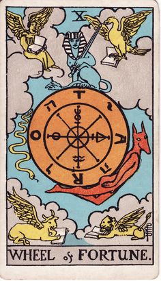 the wheel of fortune is depicted in an old style tarot card with angels around it