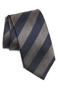 Classic stripes bring understated detailing to a tie crafted in Italy from fine silk and styled to elevate any formal or semiformal look. 3 1/4" width; 59" length 100% silk Dry clean Made in Italy Elegant Pinstripe Standard Tie, Elegant Gray Business Tie, Pinstripe Ties For Formal Occasions, Elegant Striped Suit And Tie Accessories For Black Tie, Formal Striped Fitted Suit And Tie Accessories, Classic Pinstripe Ties For Formal Occasions, Classic Pinstripe Formal Ties, Elegant Striped Ties For Work, Elegant Pinstripe Ties For Business