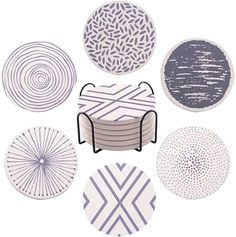 a set of 6 paper plates with geometric designs on them and the words, set of 6