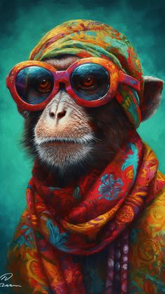 a painting of a monkey wearing sunglasses and a scarf