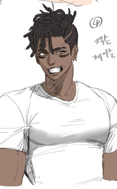 a drawing of a man with dreadlocks in his hair and wearing a white t - shirt