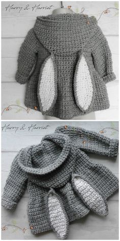 crocheted baby coat with ears and tail is shown in two different colors, one gray