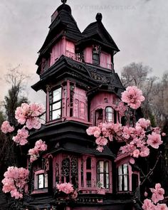 a pink house with lots of flowers growing out of it