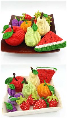 crocheted fruits and vegetables are displayed on a tray