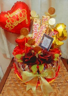 a basket filled with chocolates and candy