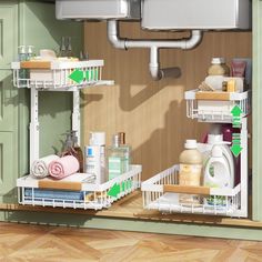 the kitchen sink is filled with cleaning products