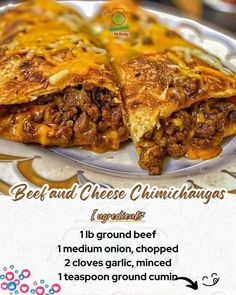 an advertisement for beef and cheese quesadillas on a plate with the recipe below it