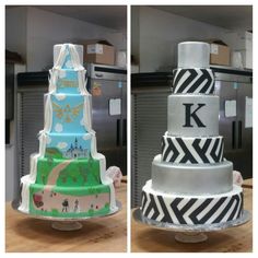 three tiered cake with different designs on each side and the letter k on top