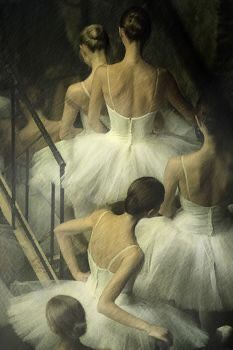 three ballerinas in white tutus are sitting on the stairs