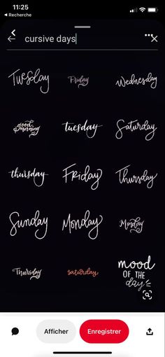 an iphone screen showing the different font styles for each type of text, including cursive days