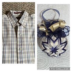 two pictures one with a plaid shirt and the other has a bow tie on it