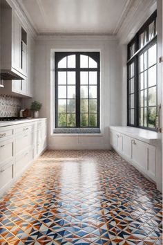 Kitchen with colorful patterned tile floor and white cabinets Colorful Tiles Kitchen, Patterned Tile Floor, Tiles Kitchen Floor, Kitchen Decor Trends, Colorful Tiles, Patterned Tile, Tiles Kitchen, Patterned Floor Tiles, Kitchen Decor Ideas