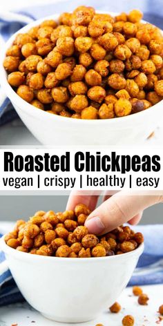 two bowls filled with roasted chickpeas on top of a table