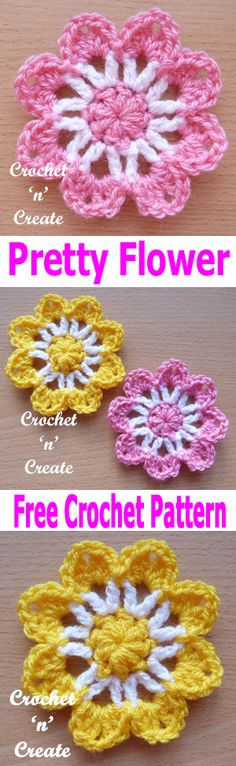 three crochet flower patterns with the words pretty flower written in white and pink