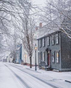 a snow covered street lined with houses and trees