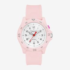 Number of Batteries: 1Features: Adjustable, Quick ShipBattery Type: Lithium CellsJewelry Closure: BucklePower Source: Battery (included)Watch Movement: QuartzWater Resistance: 100mBand Color: PinkDial Color: GrayCase Thickness: 12.2mmCase Width: 36mmWatch Band Length: 6 3/4 InchBand Content: SiliconeCase Materials: 100% PlasticBattery Size: Cr2025Band Width: 18mmCare: Wipe CleanBand Type: StrapCountry of Origin: Imported Casual Pink Adjustable Watch, Adjustable Pink Analog Watches, Pink Analog Watches, Pink Adjustable Watch With Round Dial, Pink Casual Watches, Pink Adjustable Watch, Casual Pink Watch For Gift, Pink Analog Watch Accessories With Round Dial, Pink Analog Watch With Round Dial