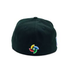 a black hat with rainbows on the front and side, against a white background