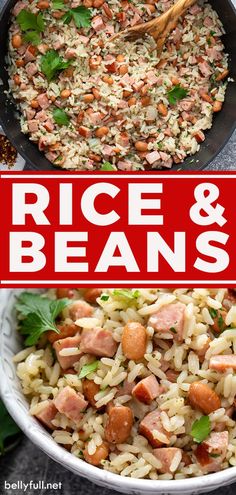 rice and beans in a pan with the title above it