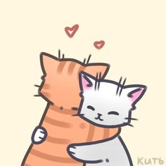 two cats hugging each other with hearts in the background