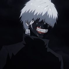 an anime character with white hair and black eyes smiling at the camera, in front of a dark background