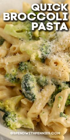 broccoli and pasta in a white bowl with the words quick broccoli pasta